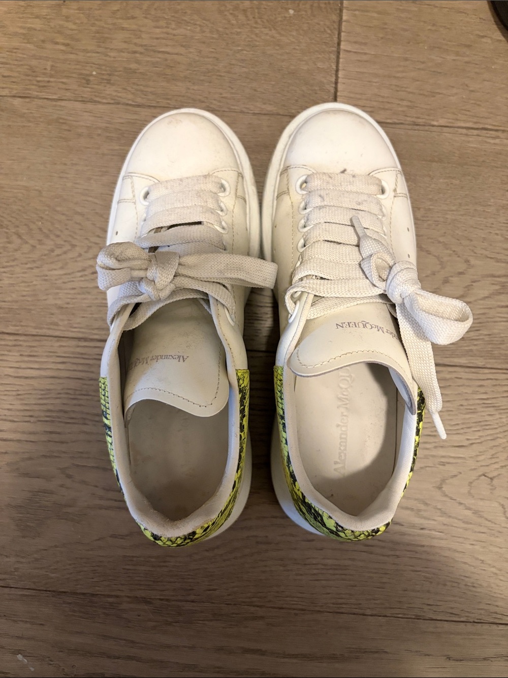 Alexander McQueen White Sneakers with Neon Yellow Snake-Print Heel